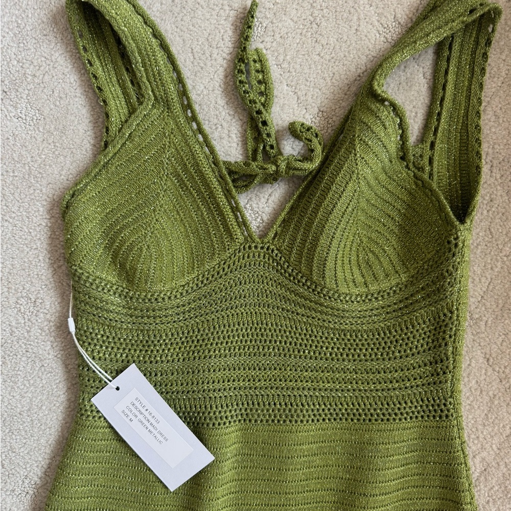 Torn by Ronny Kobo Madi Dress in metallic green sexy beach crochet midi sz m - Picture 8 of 15